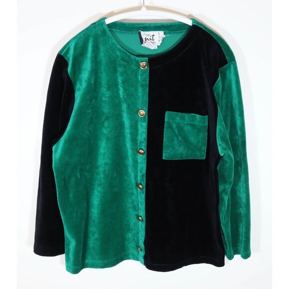 Russ Tops - Vintage 90s Velour Velvet Colorblock Faux Button Down Top Size L Russ